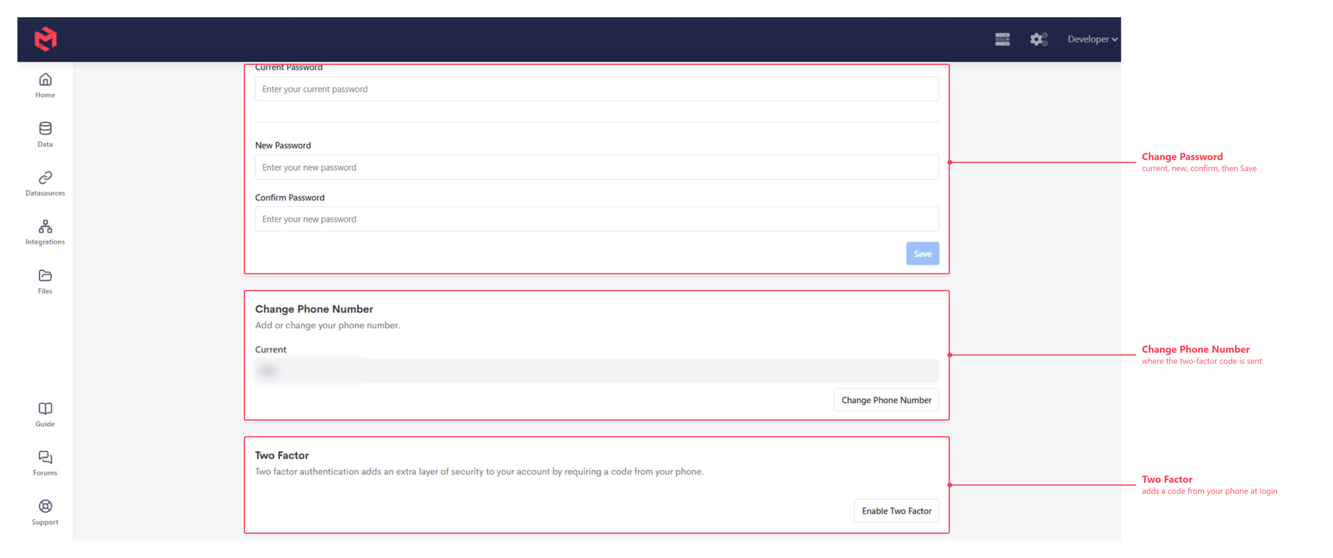 The Account Settings page, annotated to show the Change Password, Change Phone Number and Two Factor panels