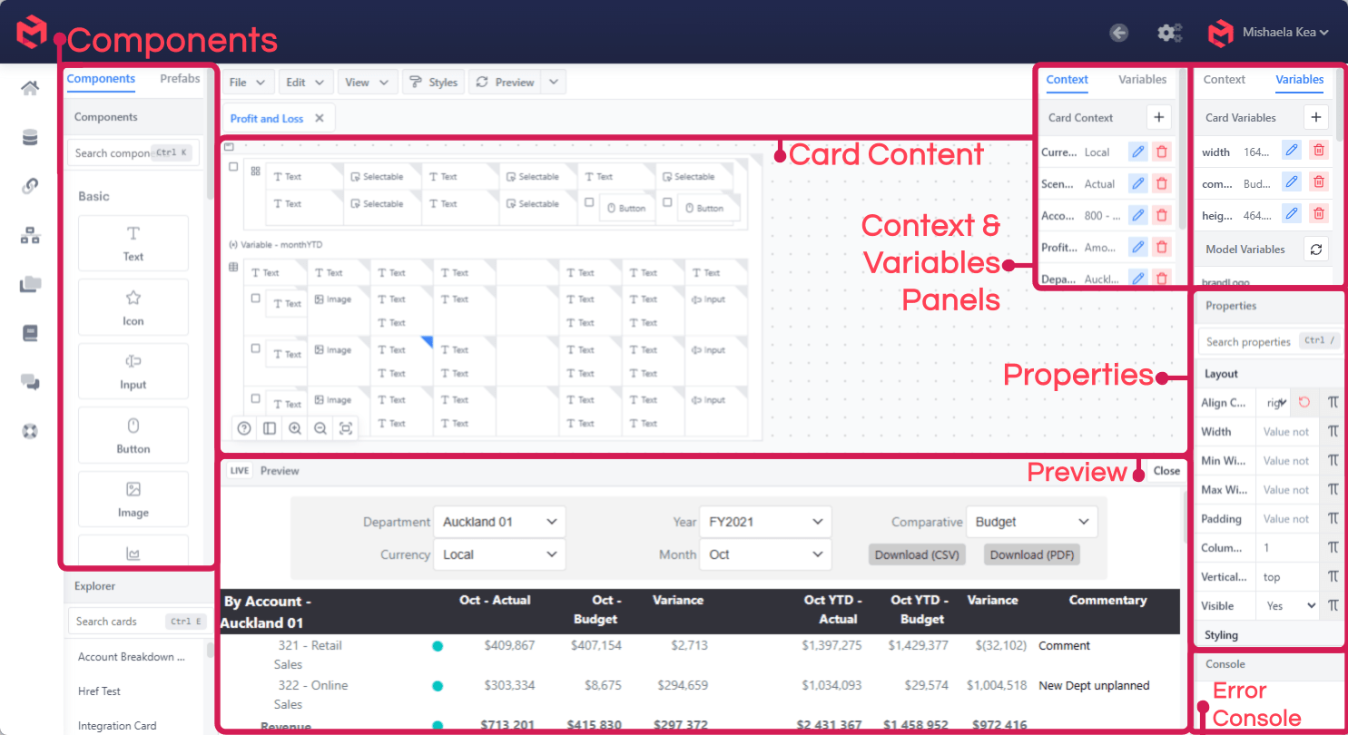 Fig. 1. The Card Designer interface, annotated to show the Components library, Card Content, the Context and Variables panels, Properties, Preview and the Error Console