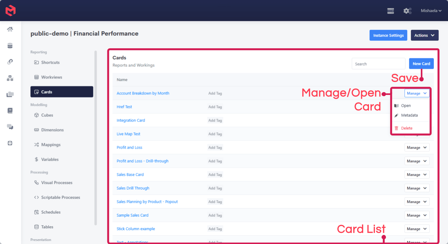 The Cards listing, annotated to show the card list, the New Card action and the per-card Manage menu