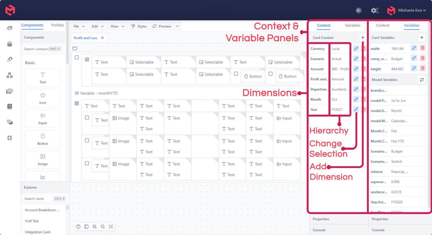 The Context and Variables panels side by side, showing Card Variables above the read-only Model Variables list