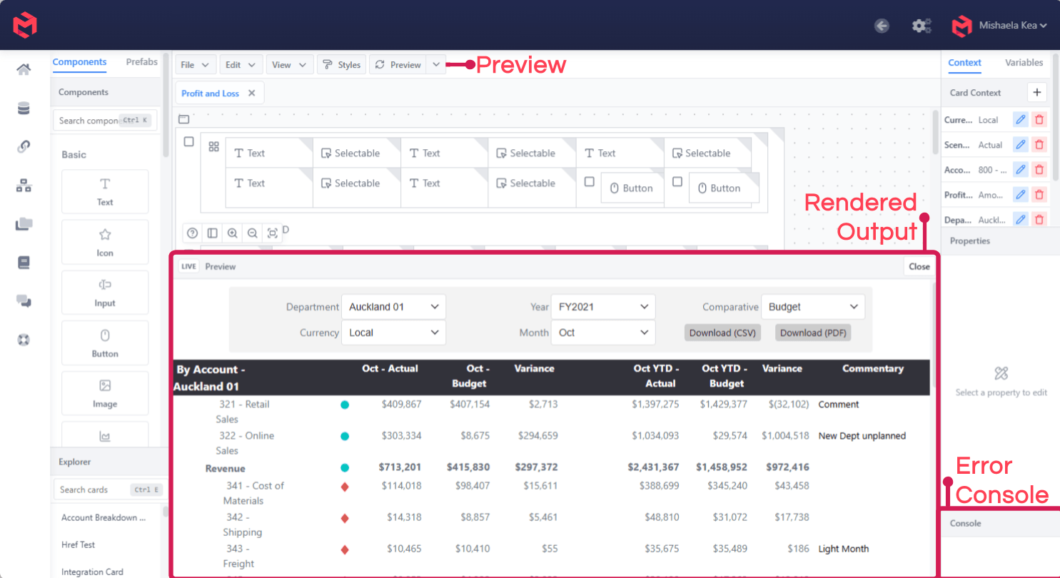 The card preview, annotated to show the rendered output beneath the editing canvas