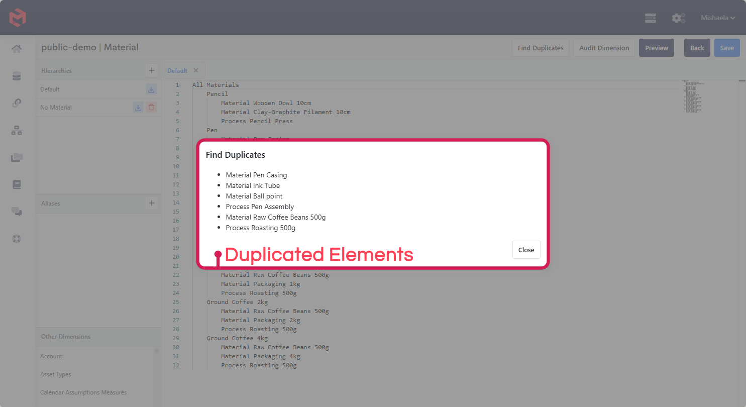 The Find Duplicates modal listing elements that appear more than once in the currently open hierarchy, along with the parent each duplicate sits under