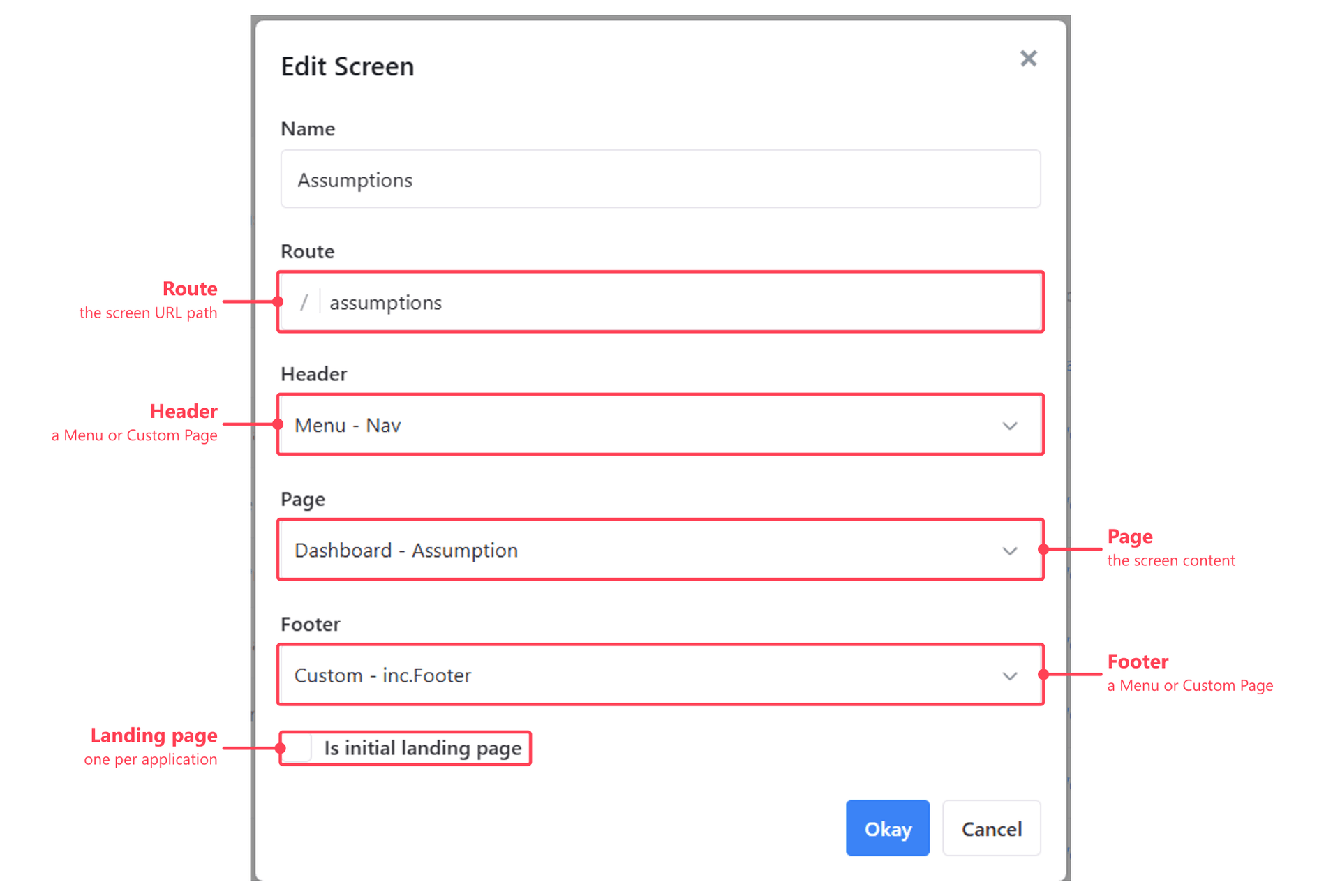 The Edit Screen dialog, annotated to show Route, Header, Page, Footer and the Is initial landing page checkbox