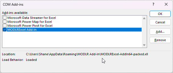 Add-ins window