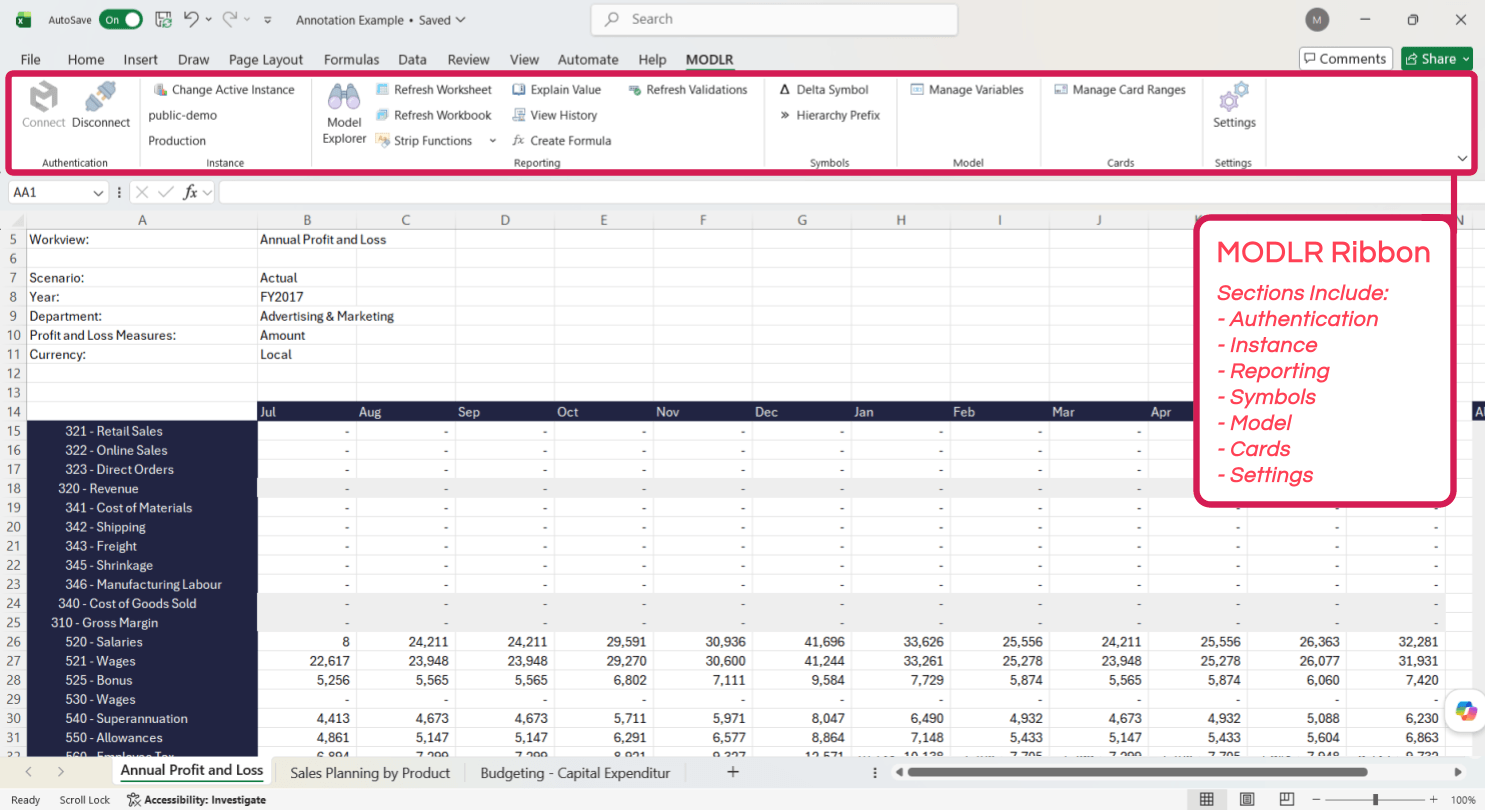 The MODLR ribbon in Excel, annotated to show the Authentication, Instance, Reporting, Symbols, Model, Cards and Settings groups