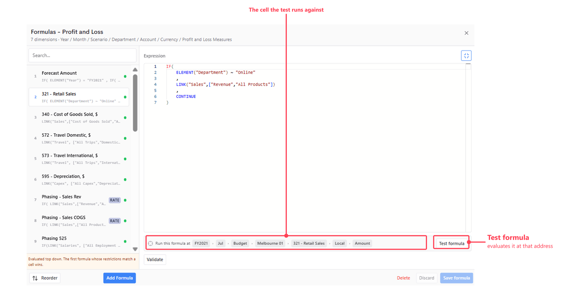 The full-screen expression editor, annotated to show the address the test runs against and the Test formula button