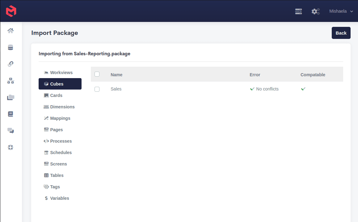 The Import Package screen, listing the object types in the package with conflict and compatibility checks