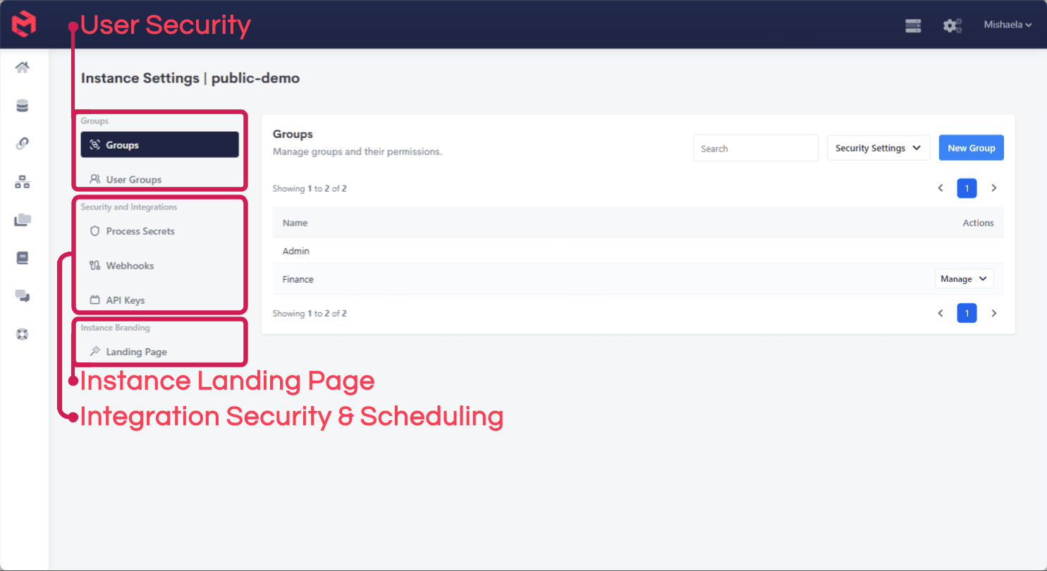 The Instance Settings page, annotated to show the user security, integration security and instance branding sections
