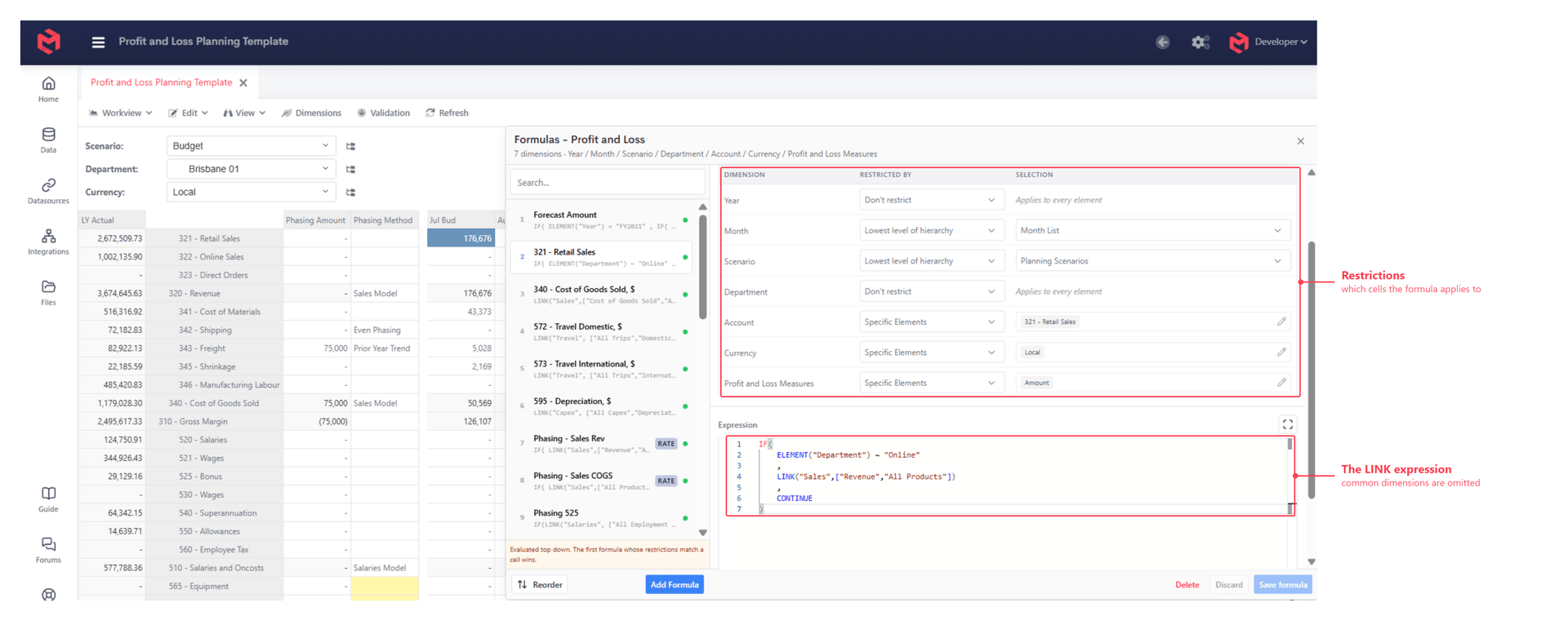 The formula editor over the Profit and Loss workview, annotated to show the restrictions and the LINK expression