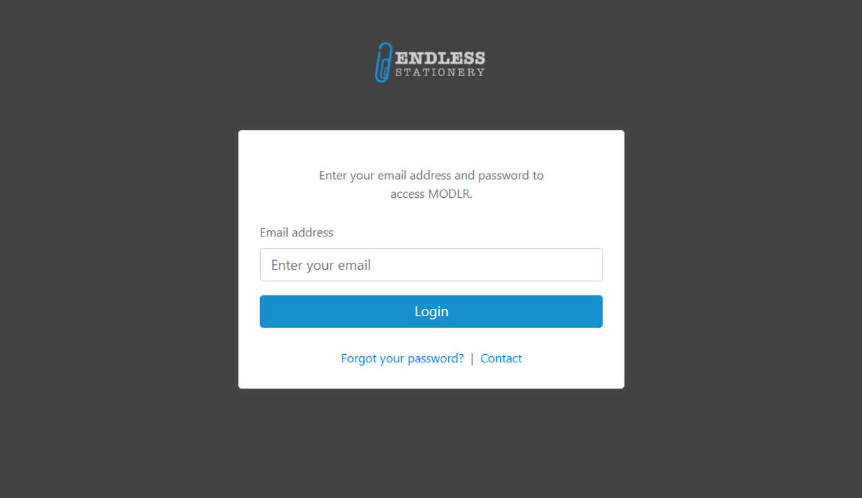 The login page for a branded instance, showing the customer logo in place of the MODLR mark