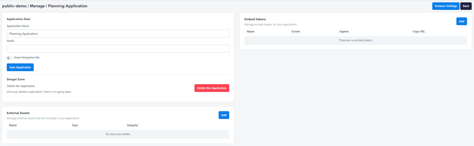 The Manage Application page, showing Application Data, External Assets, Embed Tokens and the Danger Zone