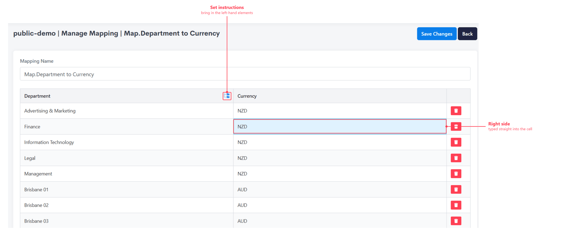 The Mapping Interface for Map.Department to Currency, annotated to show the set instructions icon in the left-hand column header and a Currency value being typed on the right