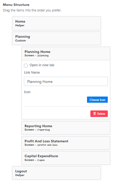 The item editor for a Screen entry, showing Link Name, Icon and Open in new tab