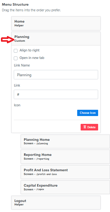 A Custom item acting as a dropdown parent, with four Screen entries indented beneath it