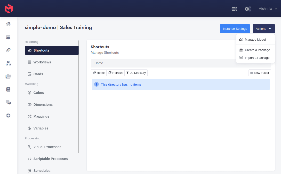 The model Actions menu, showing Manage Model, Create a Package and Import a Package