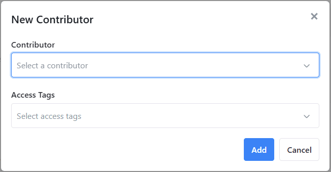 The New Contributor dialog, with a Contributor dropdown and an Access Tags dropdown
