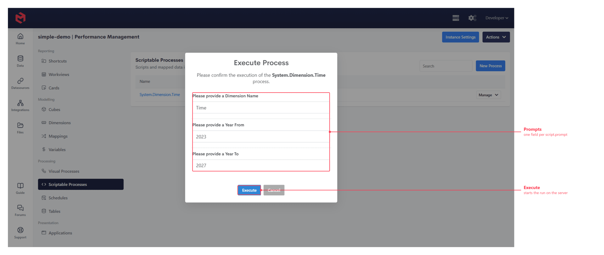 The Execute Process dialog, annotated to show the prompt fields and the Execute button
