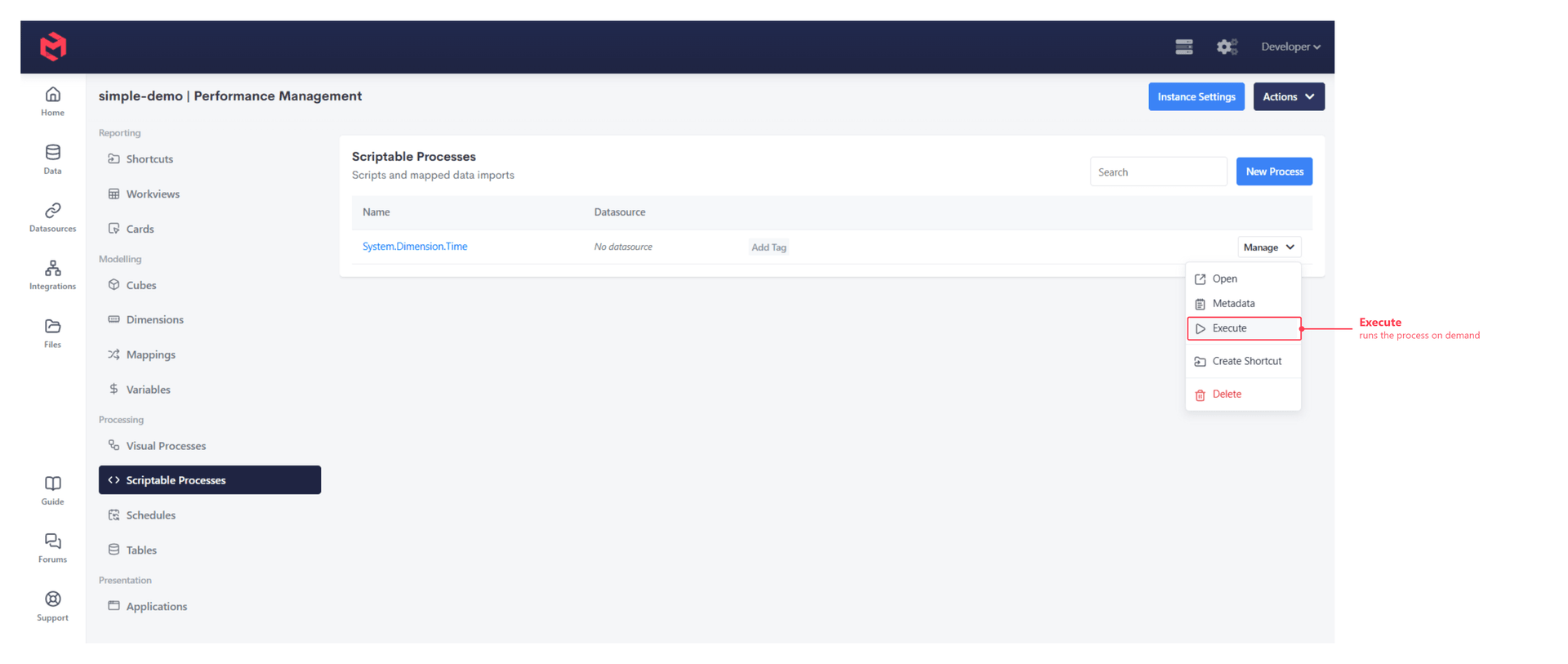 The Scriptable Processes list, annotated to show Execute in a process's Manage menu