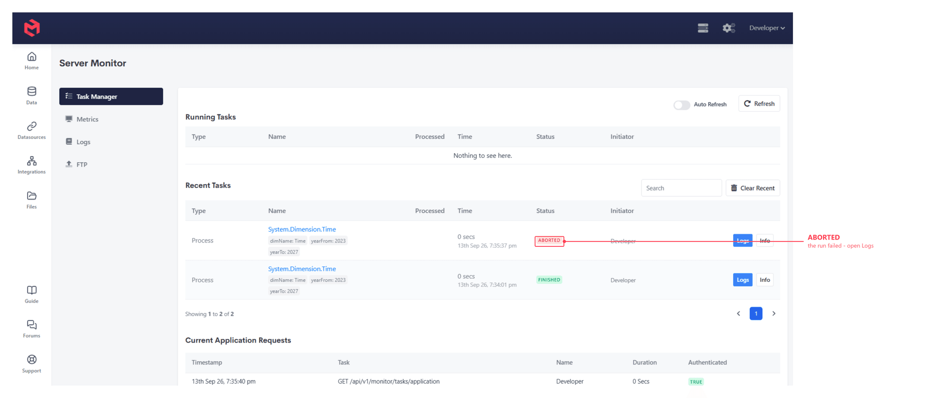 The Task Manager showing an aborted run alongside a finished one, annotated to show the ABORTED status
