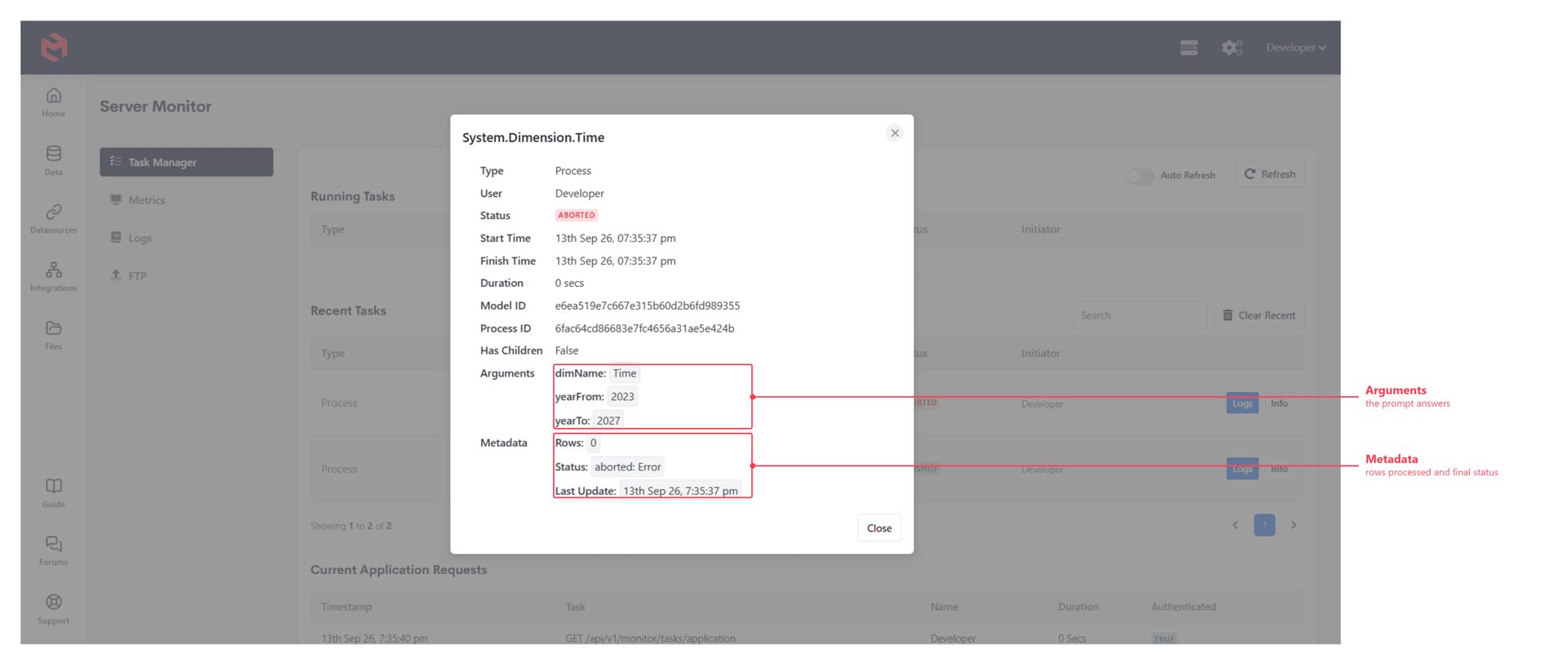 The task Info dialog, annotated to show the Arguments and Metadata sections