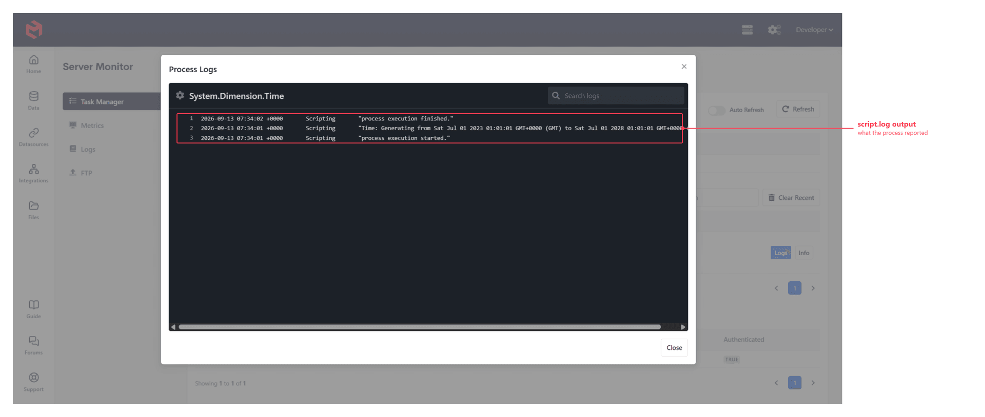 The Process Logs dialog, annotated to show the script.log output