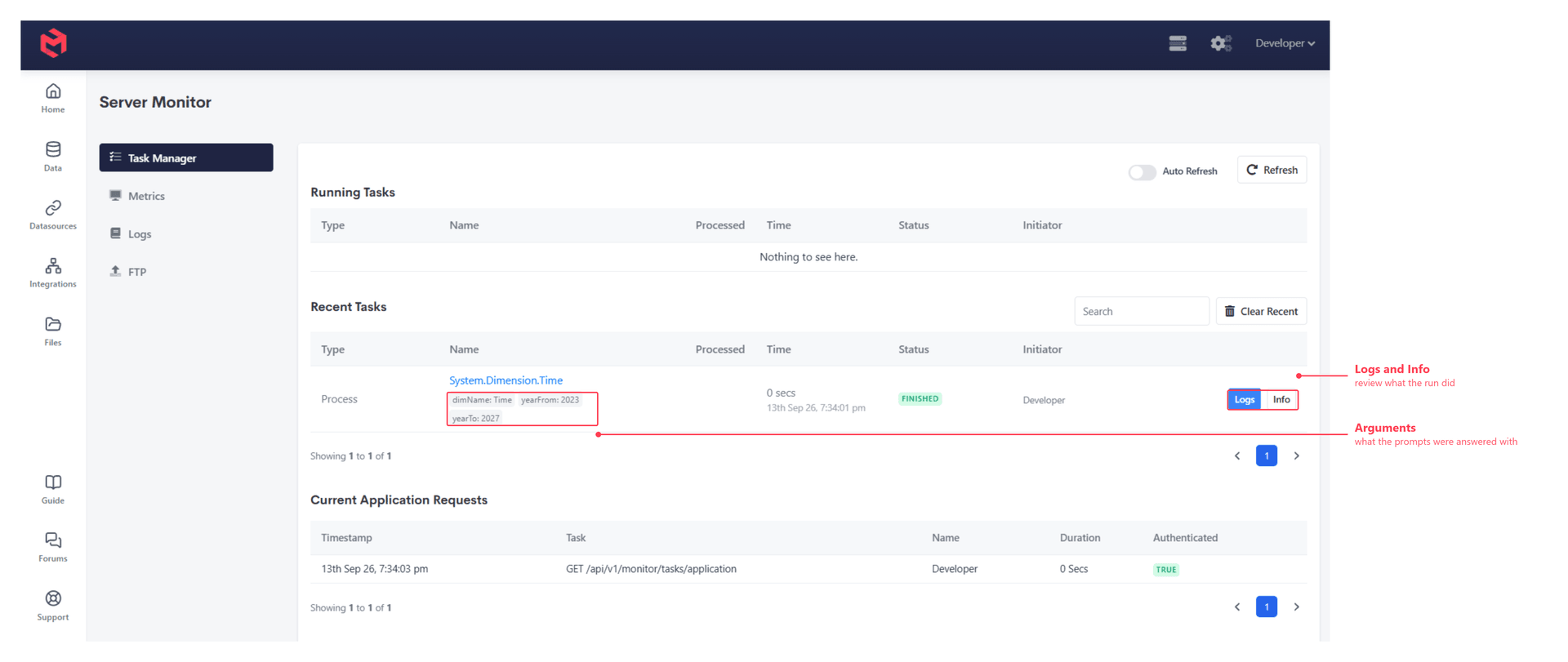 The Task Manager, annotated to show a task's arguments and its Logs and Info buttons