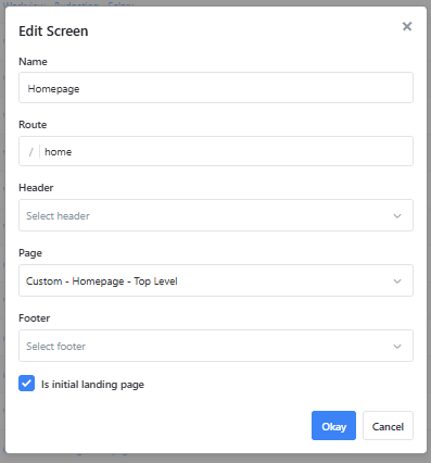 The Edit Screen dialog with the Is initial landing page checkbox selected