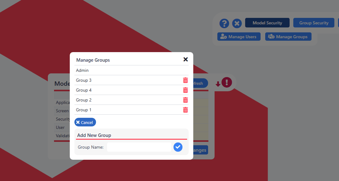 The Manage Groups modal listing existing groups with delete icons and an Add New Group field, with the cog menu showing Model Security, Group Security, Manage Users and Manage Groups
