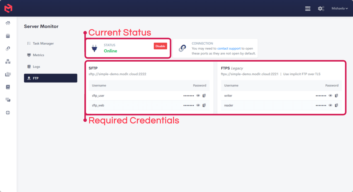 The FTP tab of the Server Monitor, annotated to show the service status and the SFTP and FTPS connection details and credentials