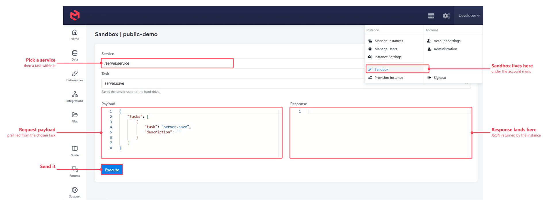 The API Sandbox, annotated to show where it sits in the account menu, the service and task pickers, the request payload and the response pane