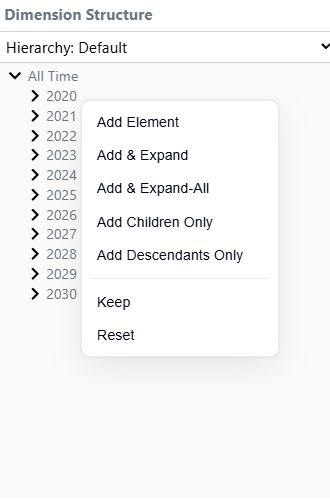 Right-click menu on an element in the hierarchy explorer