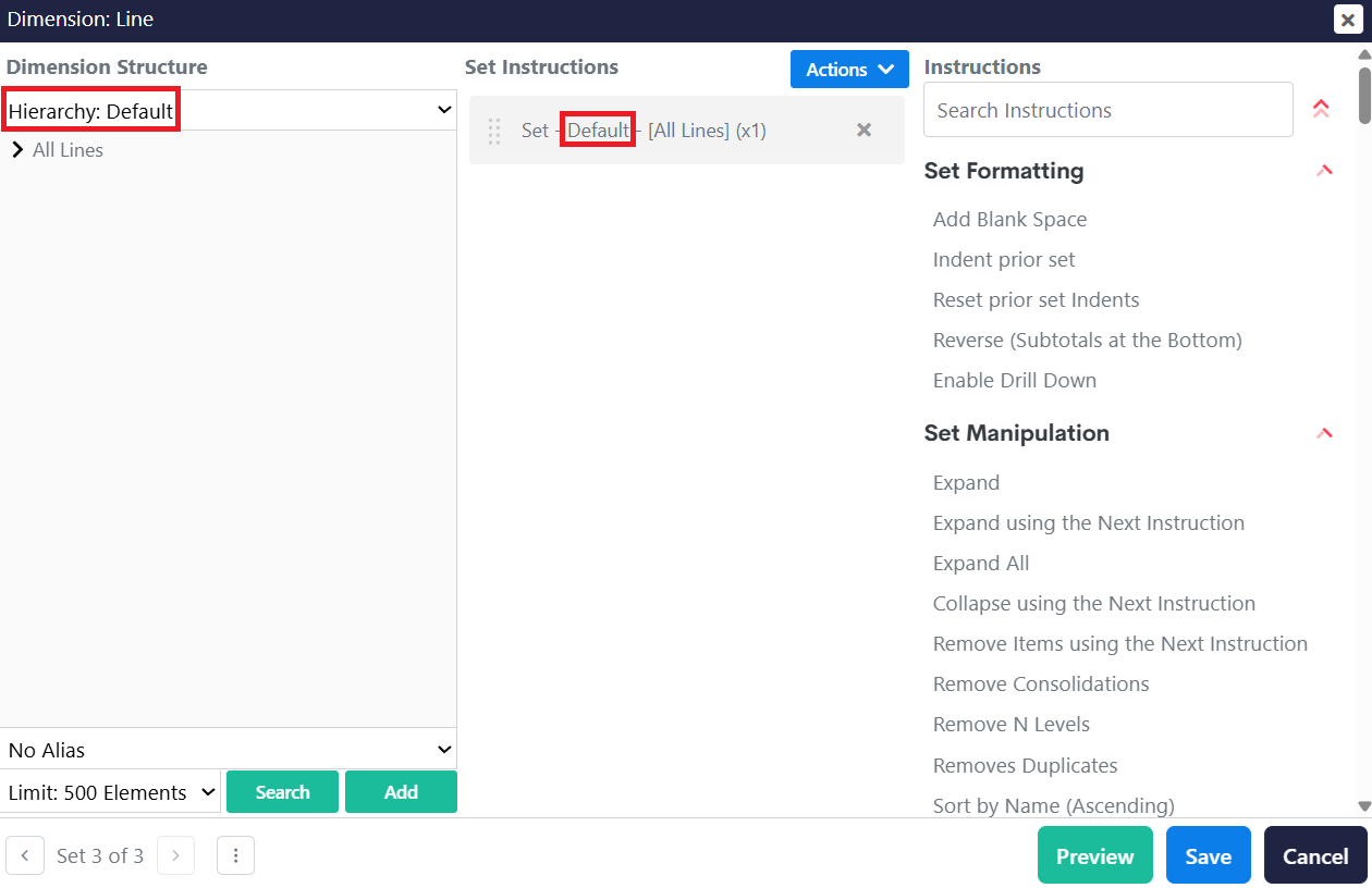 Set Editor showing an element entry qualified by its hierarchy - "Default" is prefixed to "All Lines"