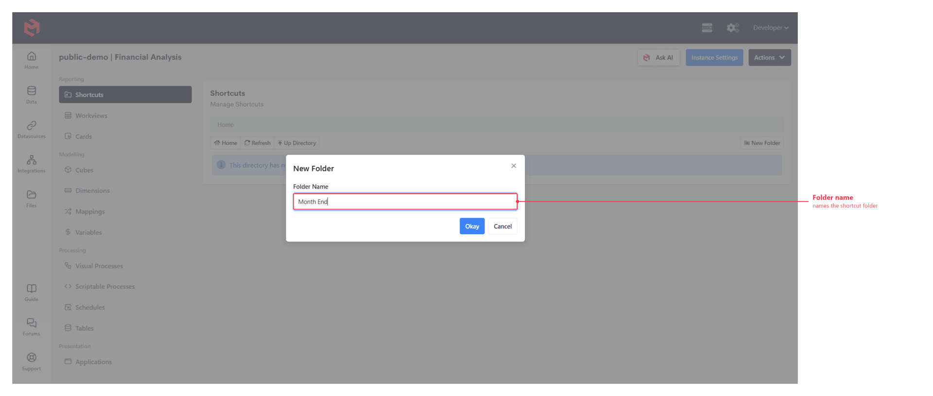 The New Folder dialog, annotated to show the Folder Name box