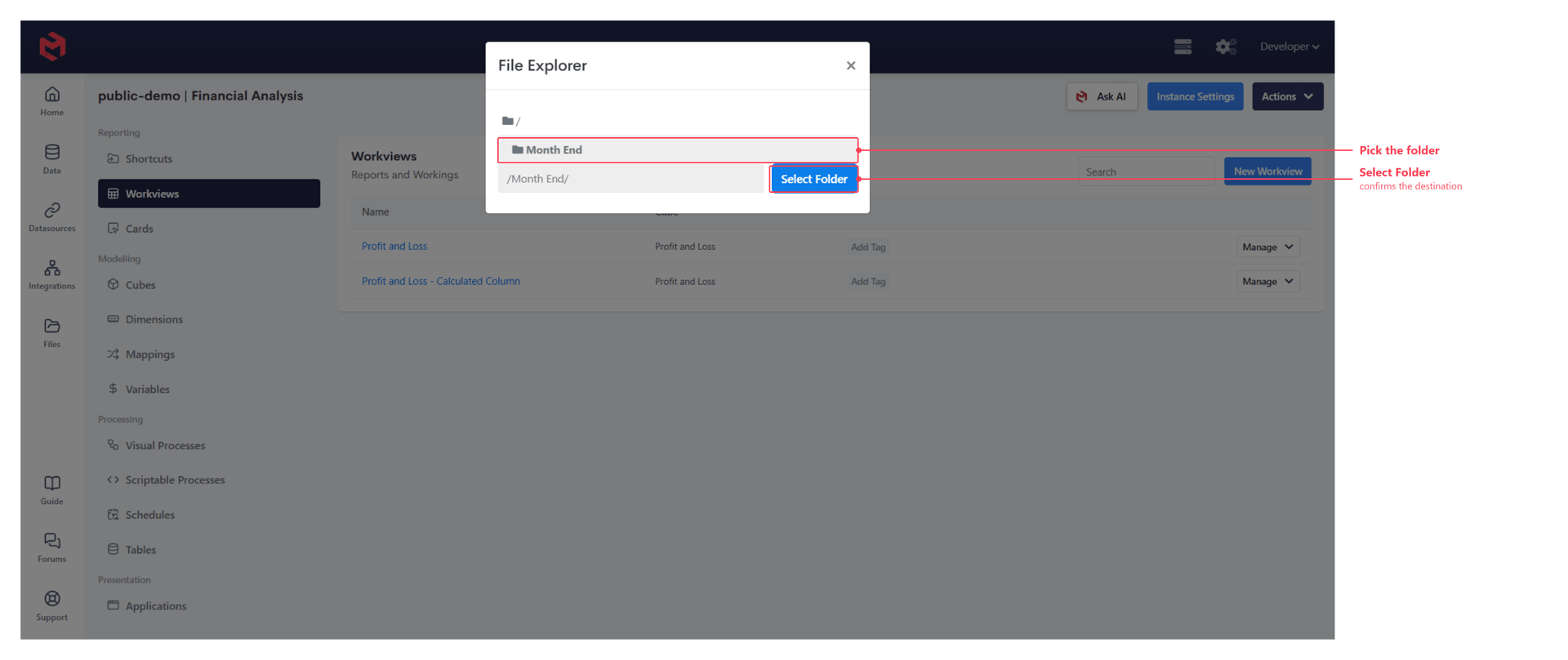 The File Explorer dialog, annotated to show the folder list and Select Folder