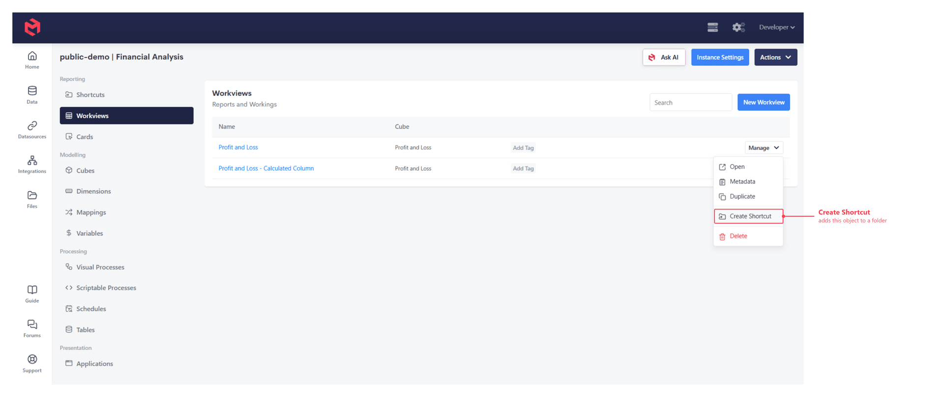 A Workview's Manage menu, annotated to show Create Shortcut